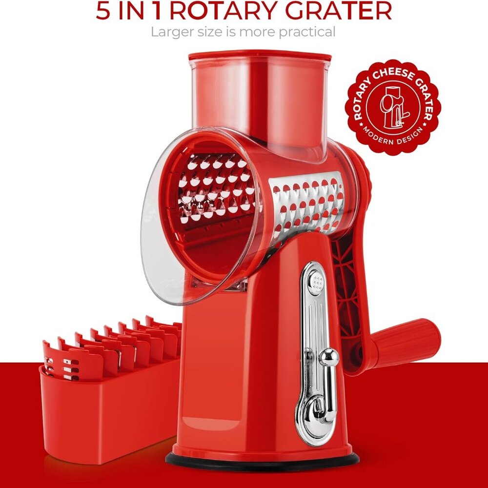 Rotary Cheese Grater w/Handle &5 Blades, Round Slicer & Vegetable Grater Red - Picture 8 of 8